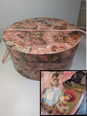 Vintage Style Pink Victorian Cat Kitten Shabby Hat Box Large Storage Present Co